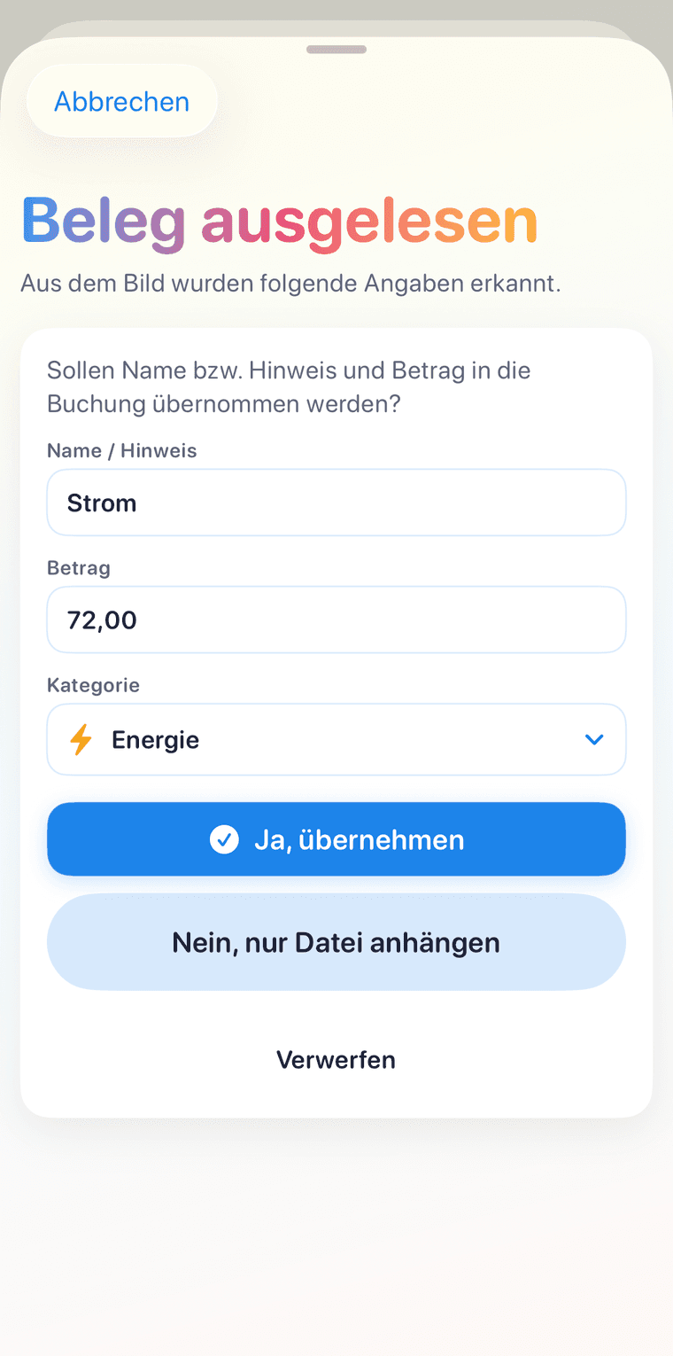 Bilando Beleg-Scan mit automatisch erkannten Feldern