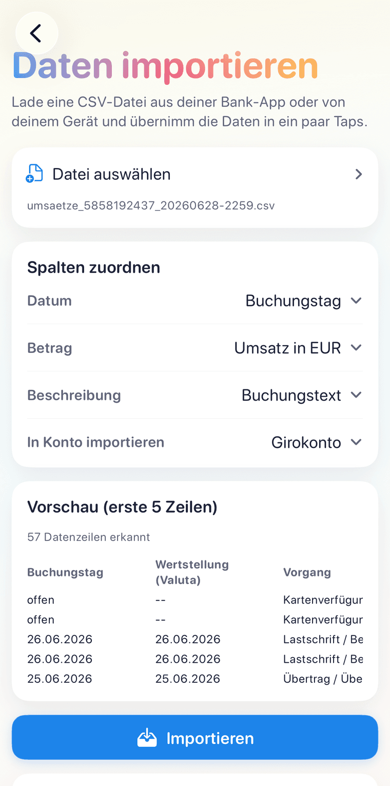 Bilando CSV-Import mit Spalten-Zuordnung und Vorschau