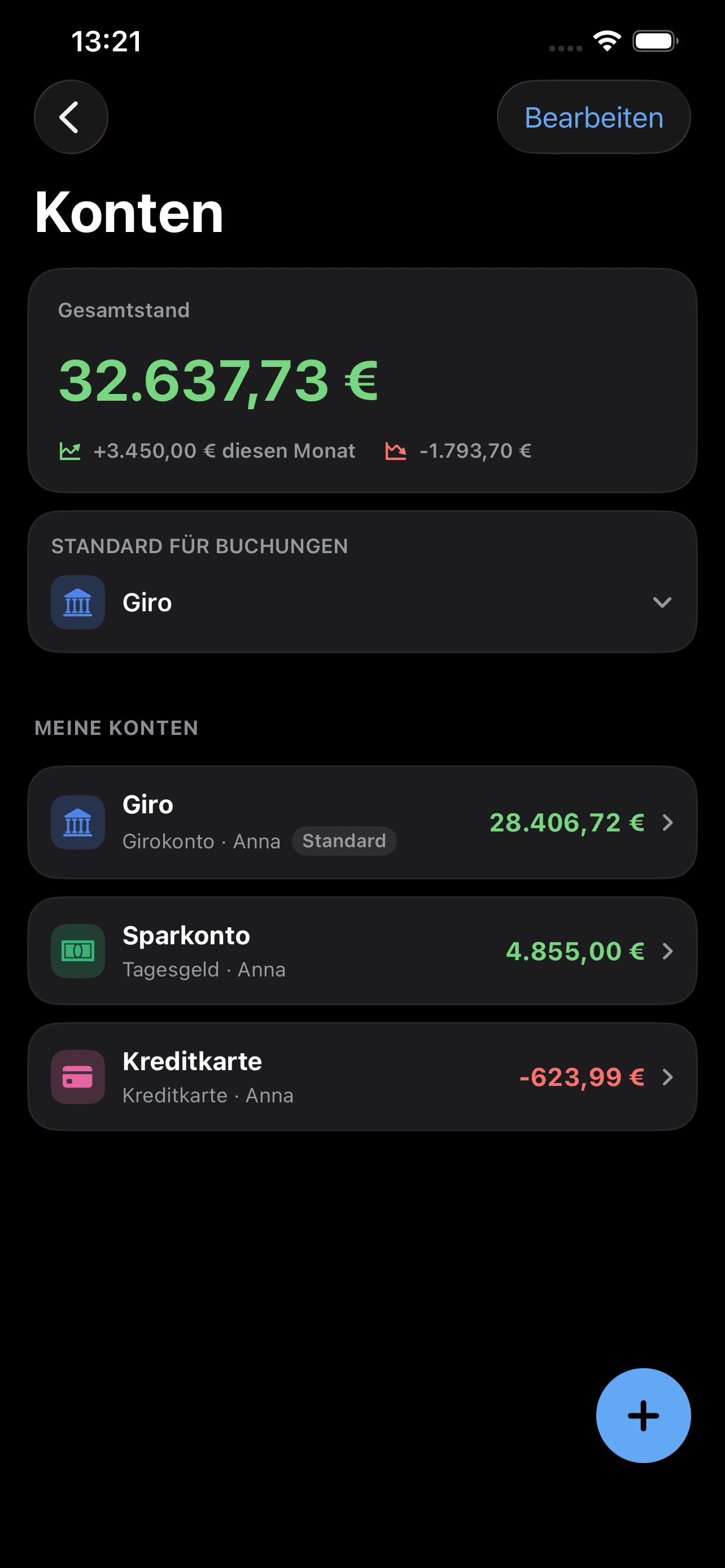 Bilando Kontoübersicht mit Gesamtstand, Giro-, Spar- und Kreditkonto