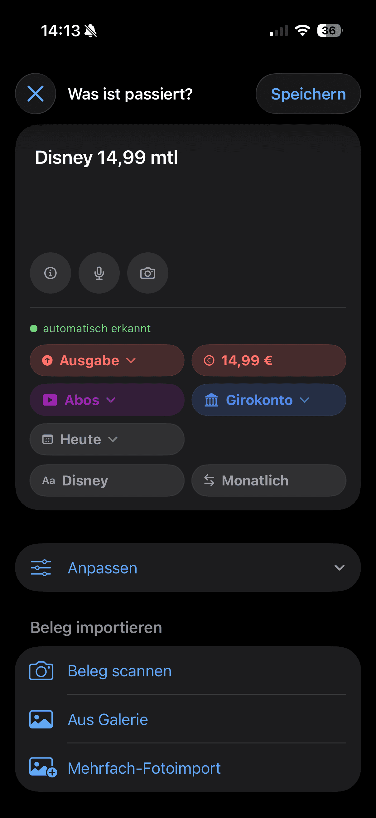 Bilando Schnellbuchung mit Kategorie und Konto